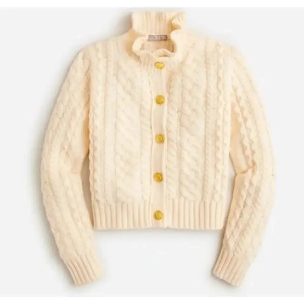 J. Crew Cable Knit Ruffle Neck‎ Cardigan Sweater